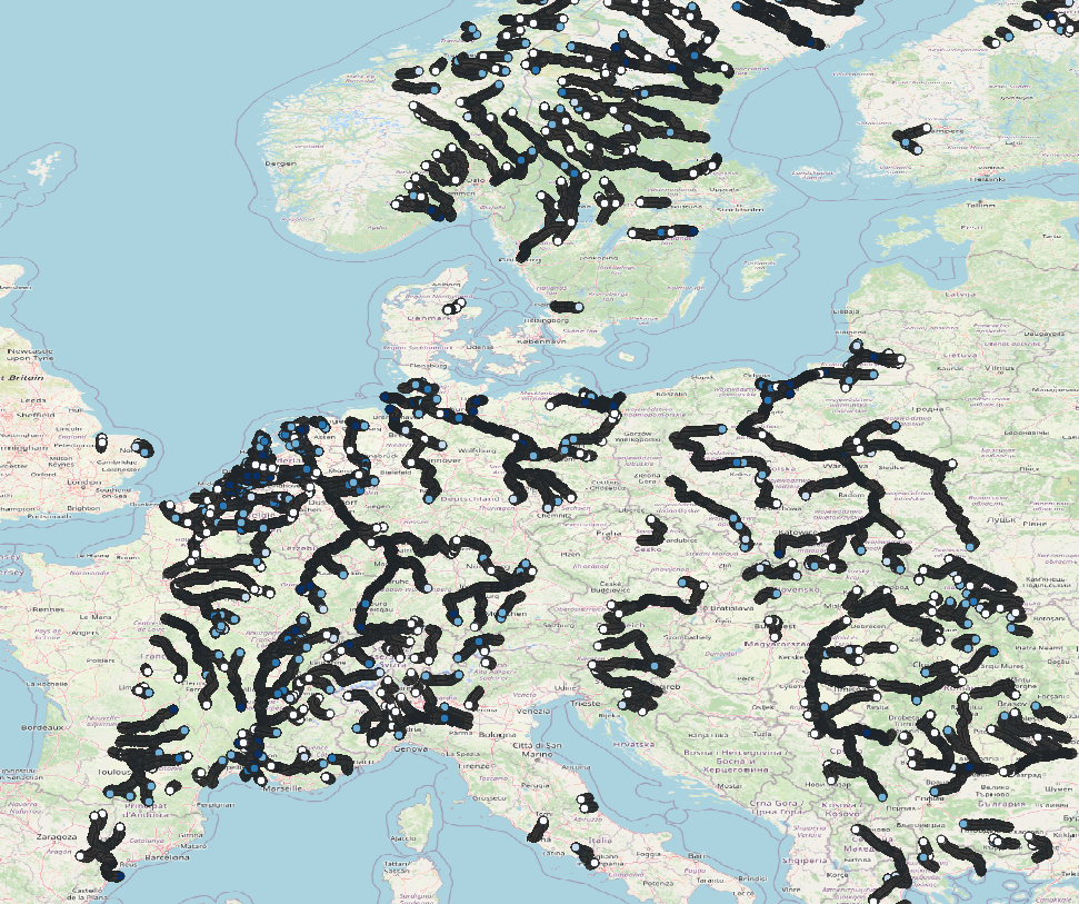 Figure SWOT L2-HR-RiverSP-Node data product availability between 8th and 14th September 2024 over the region of interest (Data Source: CNES Hydroweb-Next)